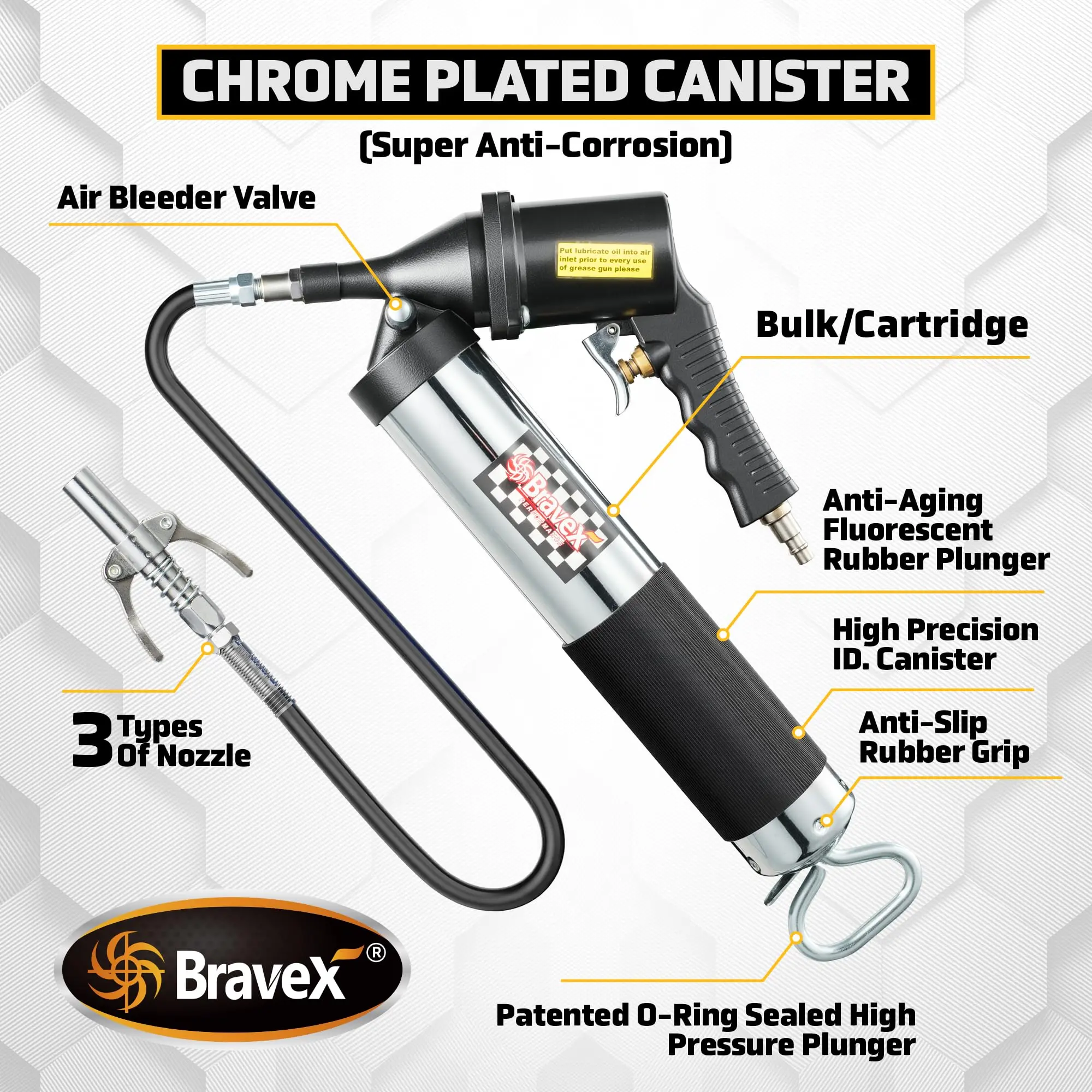 Фото Профессиональный шприц для смазки Bravex 6000 PSI с пистолетной рукояткой, быстросъемным соединением и гибким шлангом 18 дюймов №3