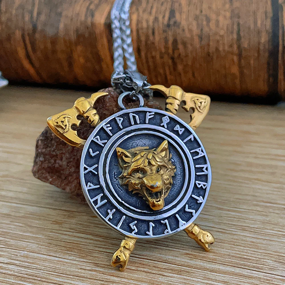 

Norse Mythology Odin Rune Wolf Necklaces Stainless Steel Vintage Viking Axe Pendant Men Chain Scandinavian Vintage Male Jewelry