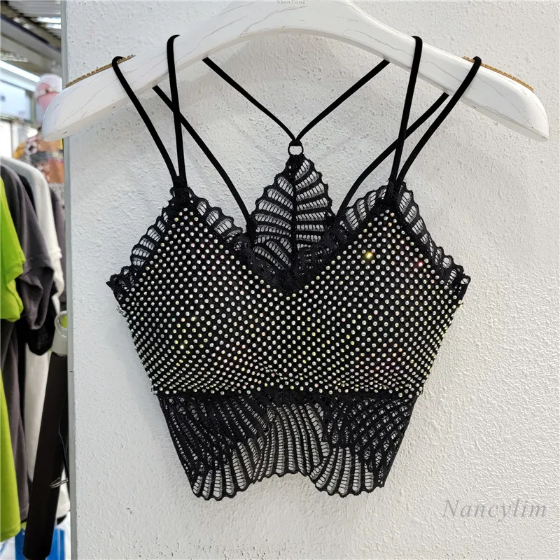

2022 Summer Sexy Camisole Exposed Navel Short Shining Diamond Chest Pad Tube Top Backless Inner Wear Outer Wear White Black Bra
