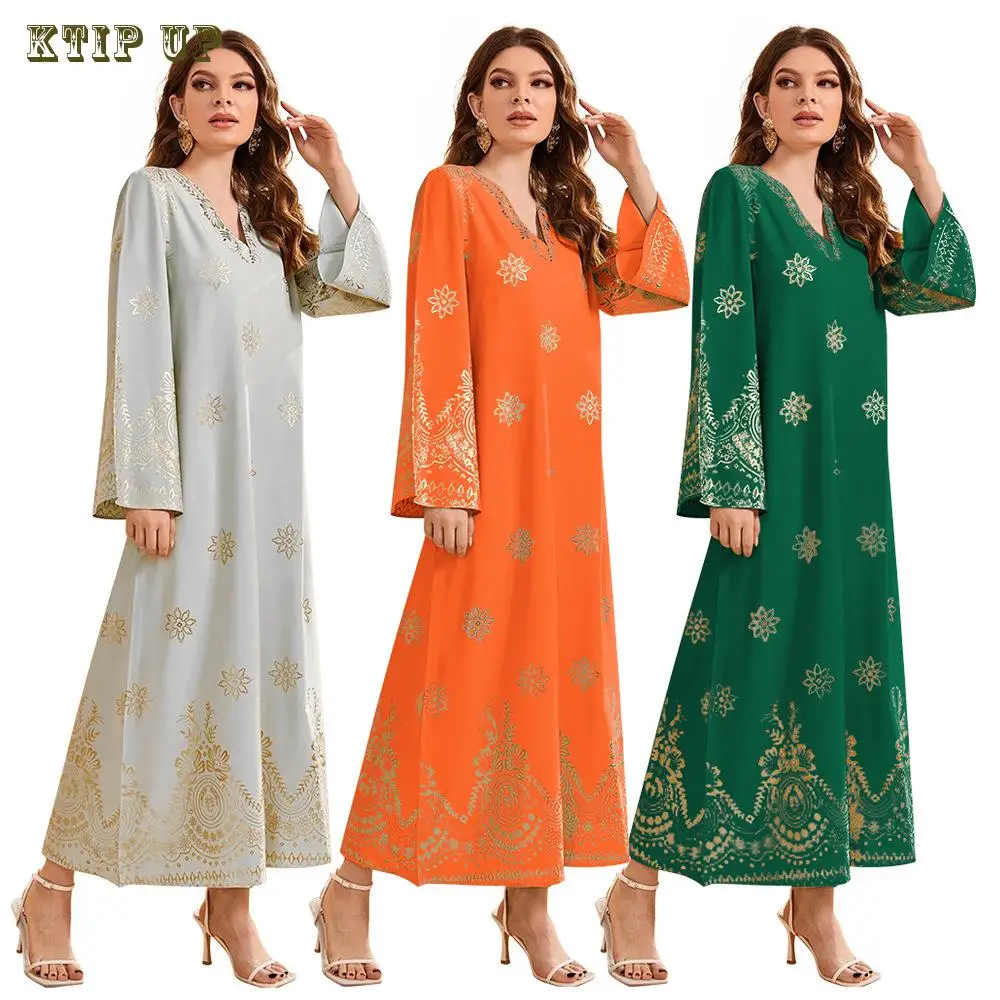 

Middle East Ramadan Dubai Morocco Women's Dress Robe Woven Gold Stamped Muslim Fashion Arab Summer New Ethnic Style Islamic Dres