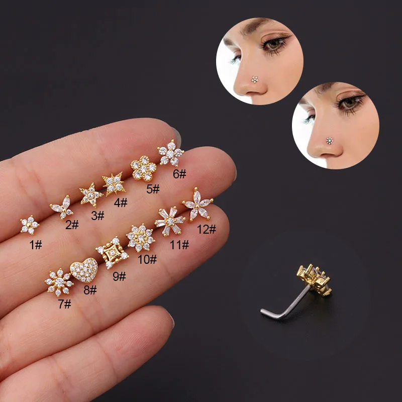 

1Pcs Stainless Steel Piercing 20G Nose Stud Cuff Geometry Cubic Zirconia Flower L L-rod Nose Rings Nail Goth Jewelry Wholesale