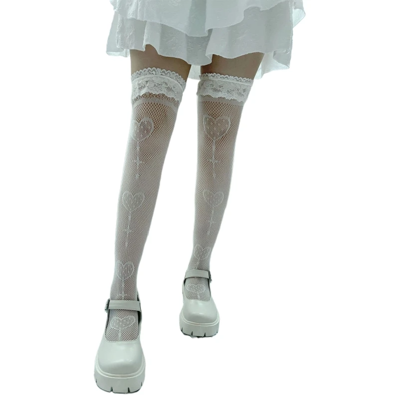 

Women Goth Punk Fishnet Thigh High Stockings Harajuku Heart Lollipop Jacquard Patterned Ruffled Lace Top Over Knee