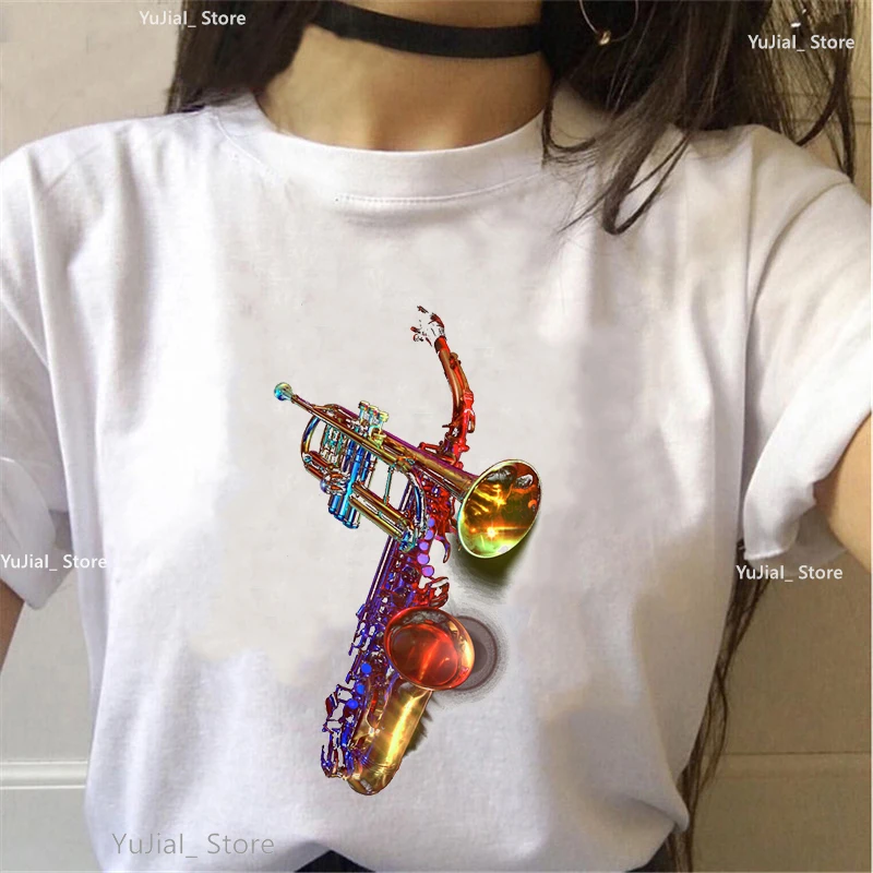 Купи Saxophone And Trumpet Print Tshirt Women'S Clothing Funny White T Shirt Femme Harajuku Shirt Summer Fashion Female T-Shirt Tops за 165 рублей в магазине AliExpress