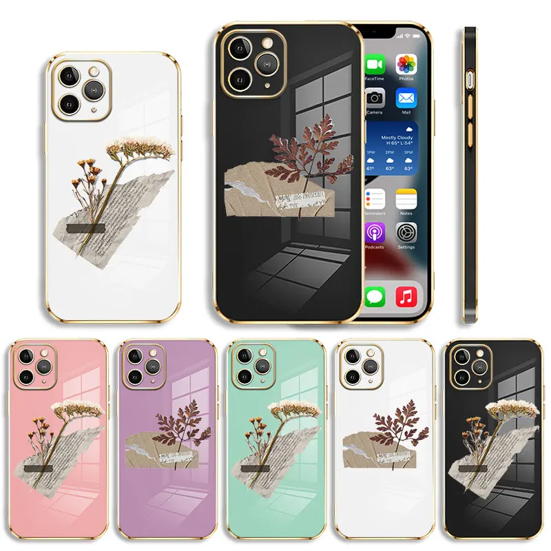 

Luxury Plating Phone Case For iPhone 14 13 12 11 Pro Max Mini X XR XS Max 7 8 6 6s Plus SE Luxury Floral Specimens Print Flower