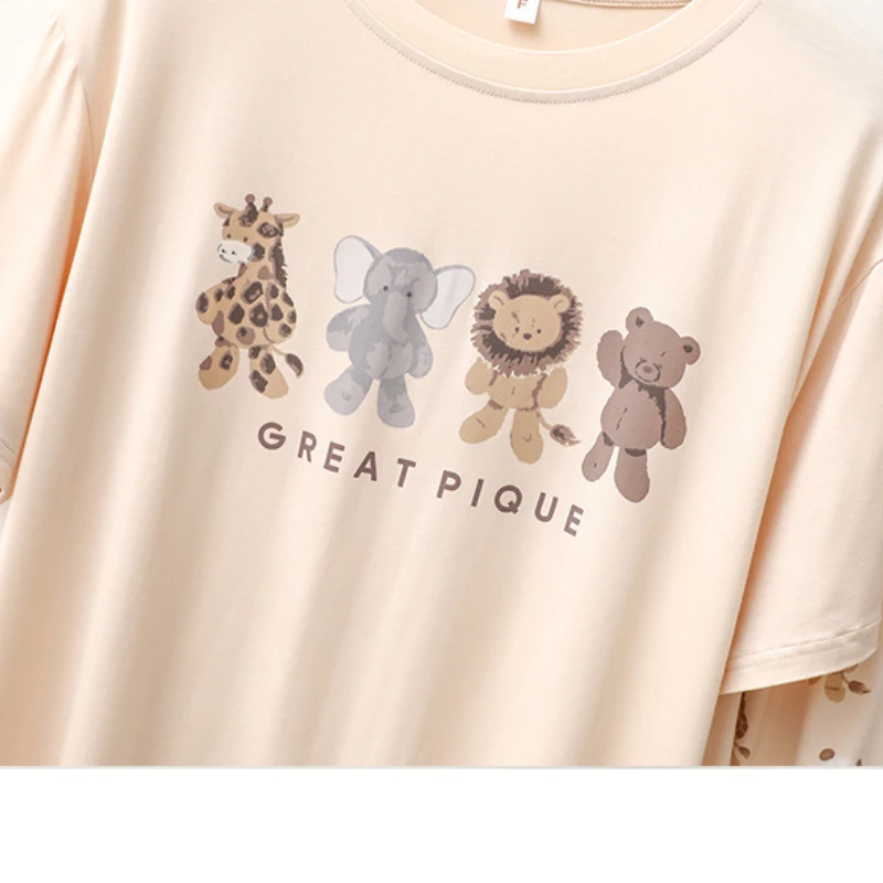 Pajamas for Women's Summer Thin Cartoon Animal Short-sleeved Shorts Casual and Comfortable Round Neck Loose Home Service Suit