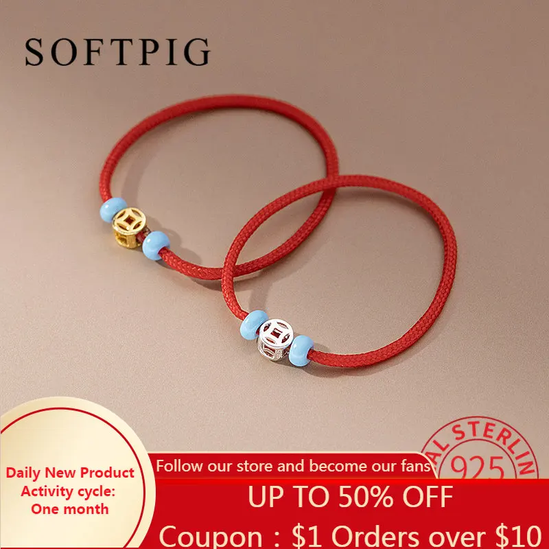 

SOFTPIG Real 925 Sterling Silver Lucky Bead Red Rope Adjustable Ring For Fashion Women Retro Fine Jewelry Minimalist Accessories