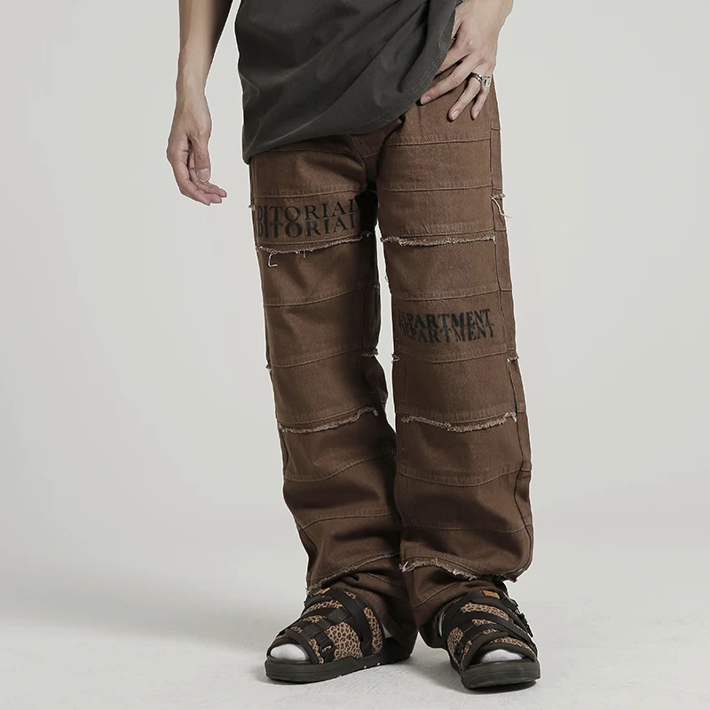 Four Seasons Men Jeans Striped Tassel Letter Embroidery Harajuku Retro Hip Hop Couple Jeans Street Ins Hot Sale Patchwork Jeans