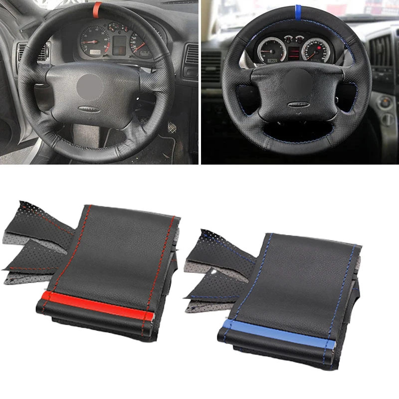 4 Mk4 1998 1999 2000 2001 2002 2003 2004 For Passat B5 1998-2005 Car Steering Wheel Cover Hand Stitched Leather Trim