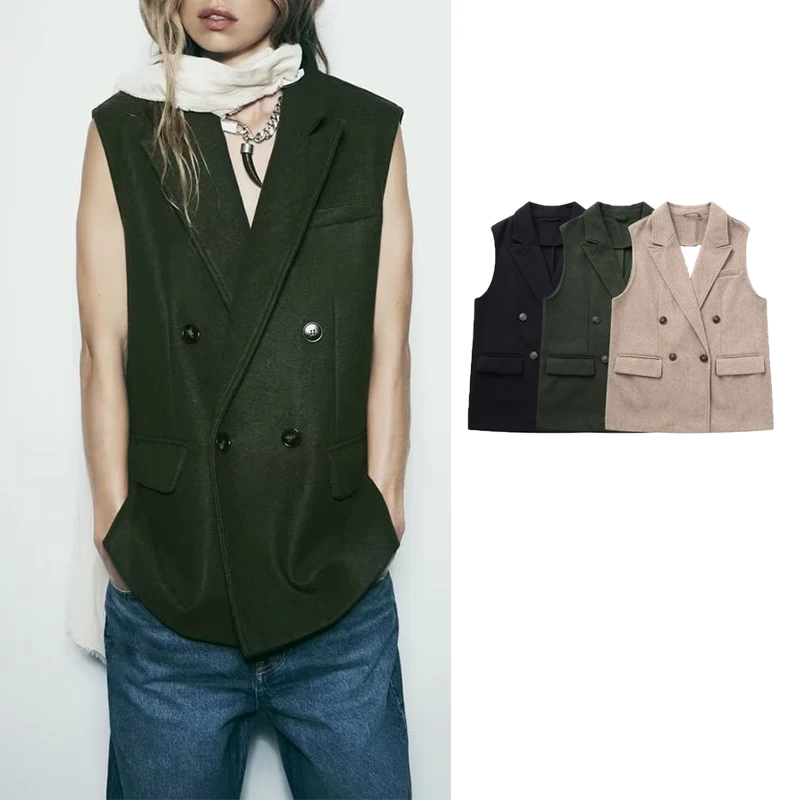 

TRAF 2023 Women Vests Fashion Double Breasted Vest Coats Vintage Sleeveless With Belt Office Female Chic Waistcoat Tops