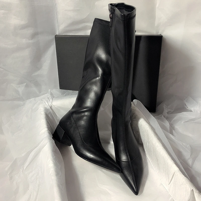 

Роскошные Брендовые женские сапоги до колена на квадратном каблуке с молнией сзади сапоги на толстом высоком каблуке на платформе рыцарские сапоги женская модная обувь черного цвета