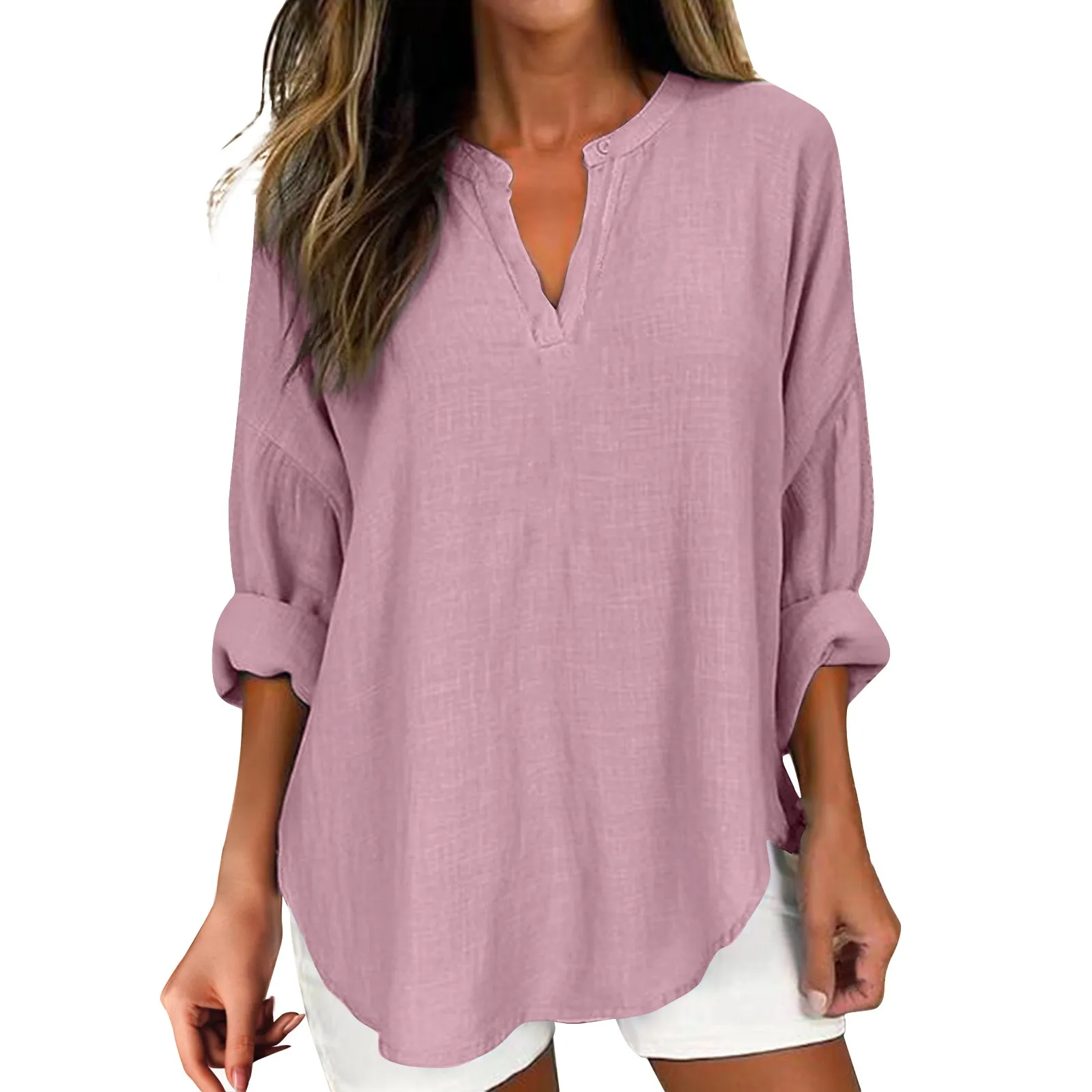 

Women Cotton And Linen Solid Color Long-Sleeved Shirt V-Neck Loose Shirt Pullover Top Fashionable Thin Breathable Shirt Camisas