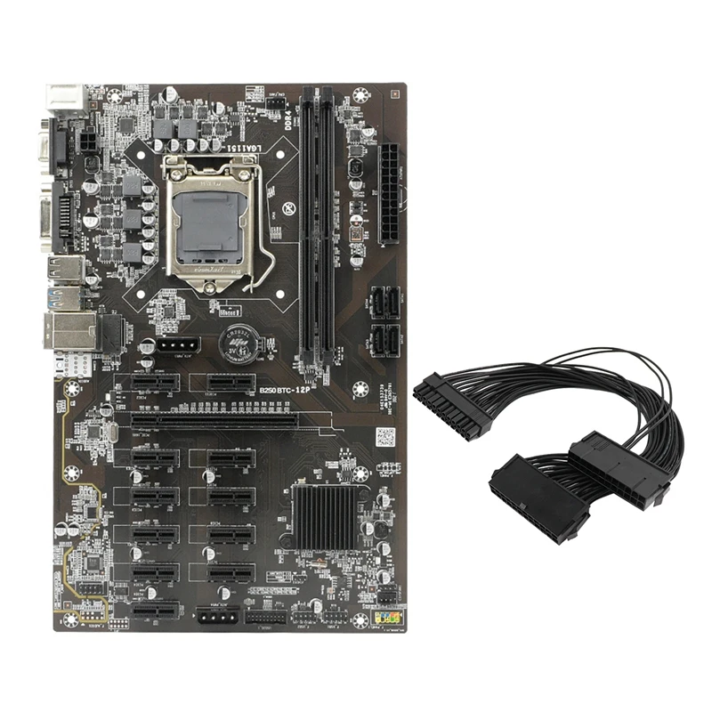 

B250 BTC Mining Motherboard 12 PCIE Graphics Slot LGA 1151 DDR4 16G RAM SATA3.0 USB3.0 with 24Pin Dual-Start Power Cord
