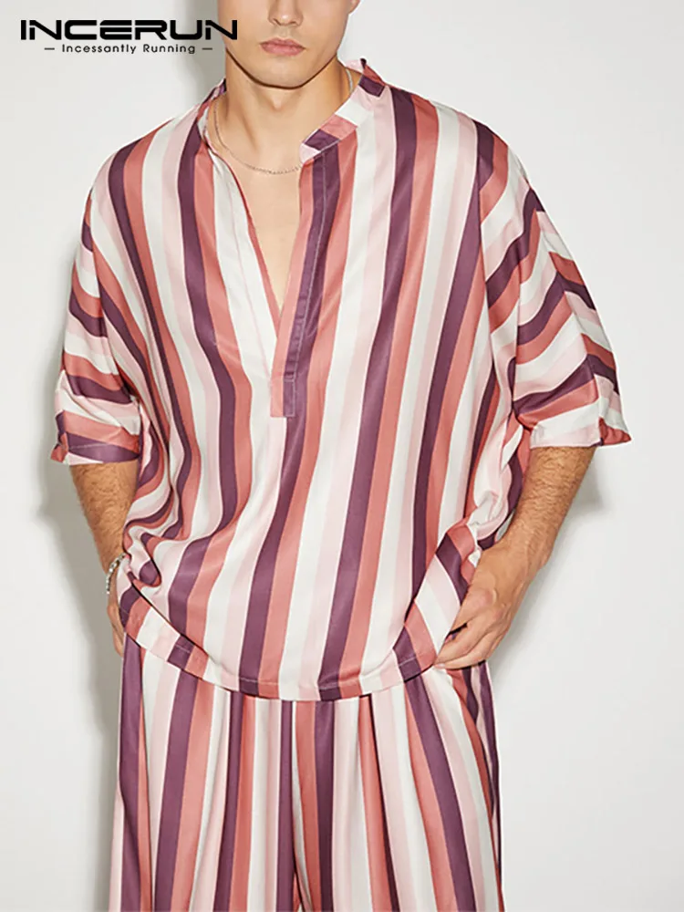 

Fashion Men Striped Shirt V Neck Half Sleeve Loose Casual Men Clothing 2022 Streetwear Stylish Leisure Camisas S-5XL INCERUN