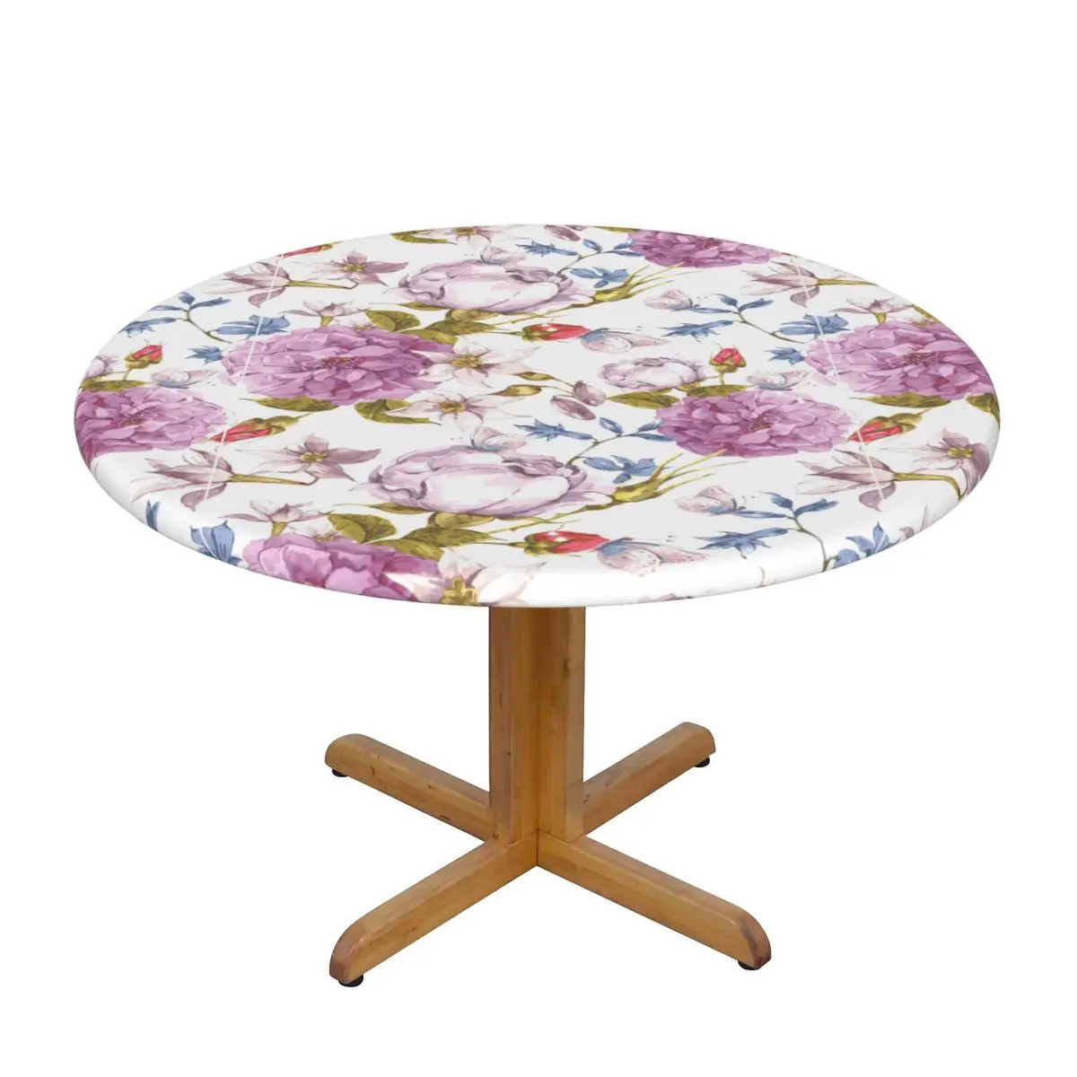 

Fitted Round Tablecloth Protector Soft Table Cover Roses Wildflowers Peonies And Narcissus Anti-Scald Plate Kitchen Tablemat
