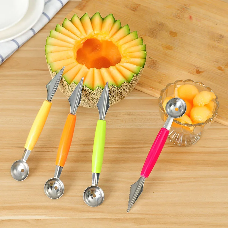 

Double-headed 2-in-1 Stainless Steel Fruit Digging Spoon Corrugated Carving Knife Watermelon Fruit Platter Ball Digger Gadgets