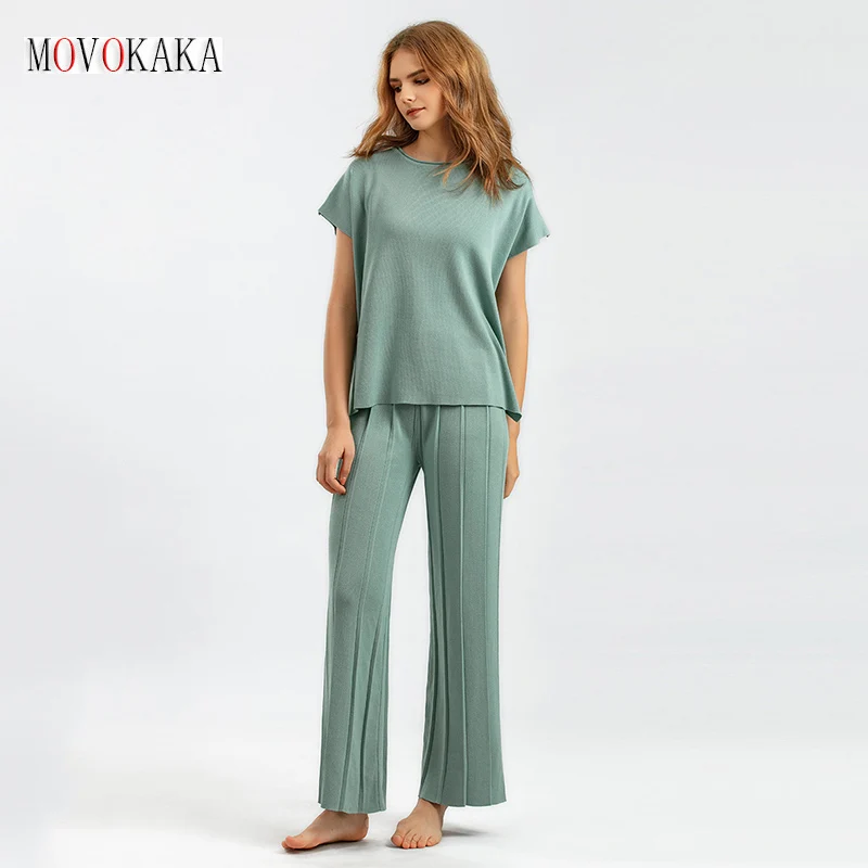 

MOVOKAKA Spring Summer Women Casual Knitted Two Piece Sets Solid Sleeveless Tank Tops Shirt And Wide Leg Pants Knit Ice Silk Set