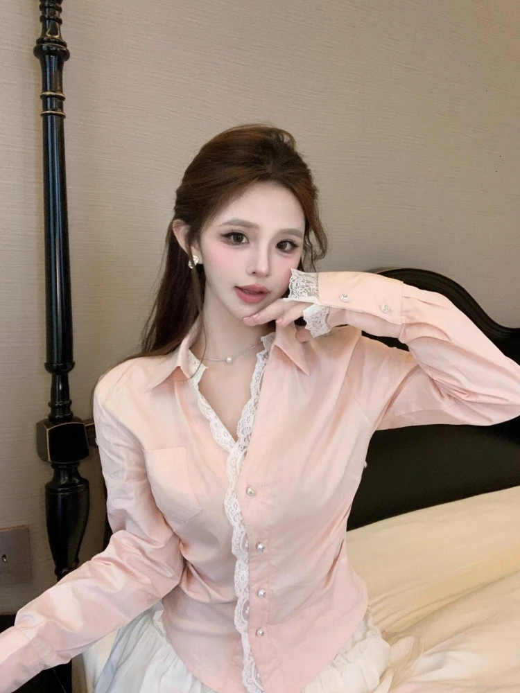 Lace Casual Shirts Women Autumn French sle Long sleeve Tight Waist Shirt Design Sense Slim fit Hugging Top |