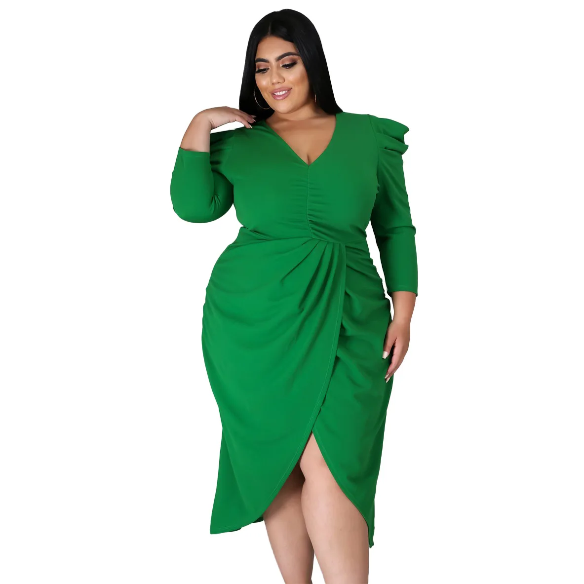 Factory Price European and American Oversize Dress V-neck Irregular Dress Long Sleeve Solid Split plus size  Dress