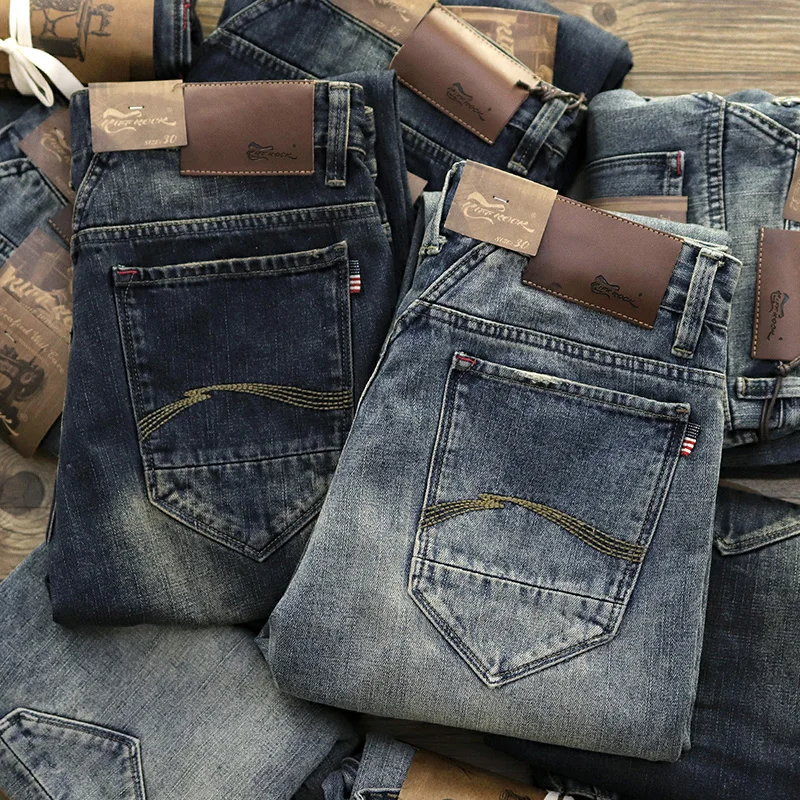 Retro American denim trousers men's Ami Kaji sand wash old slim small straight washed jeans.