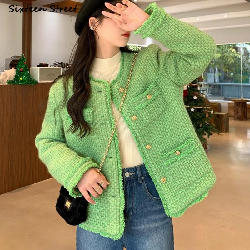 

Vintage Green Tweed Jacket Women Autumn Golden Button Pocket Elegant Wool Coat Female Korean Business OL Winter Outerwear 2023