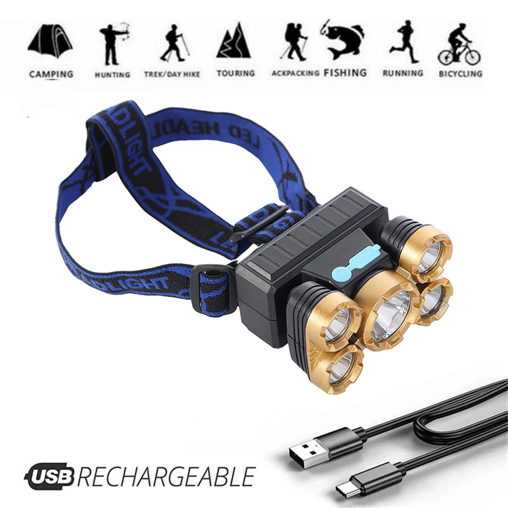 

5 LED Multifunction Waterproof XPE + COB USB Recharge Headlight Head Torch 90° Adjustable For Fishing Cycling Night Lighting