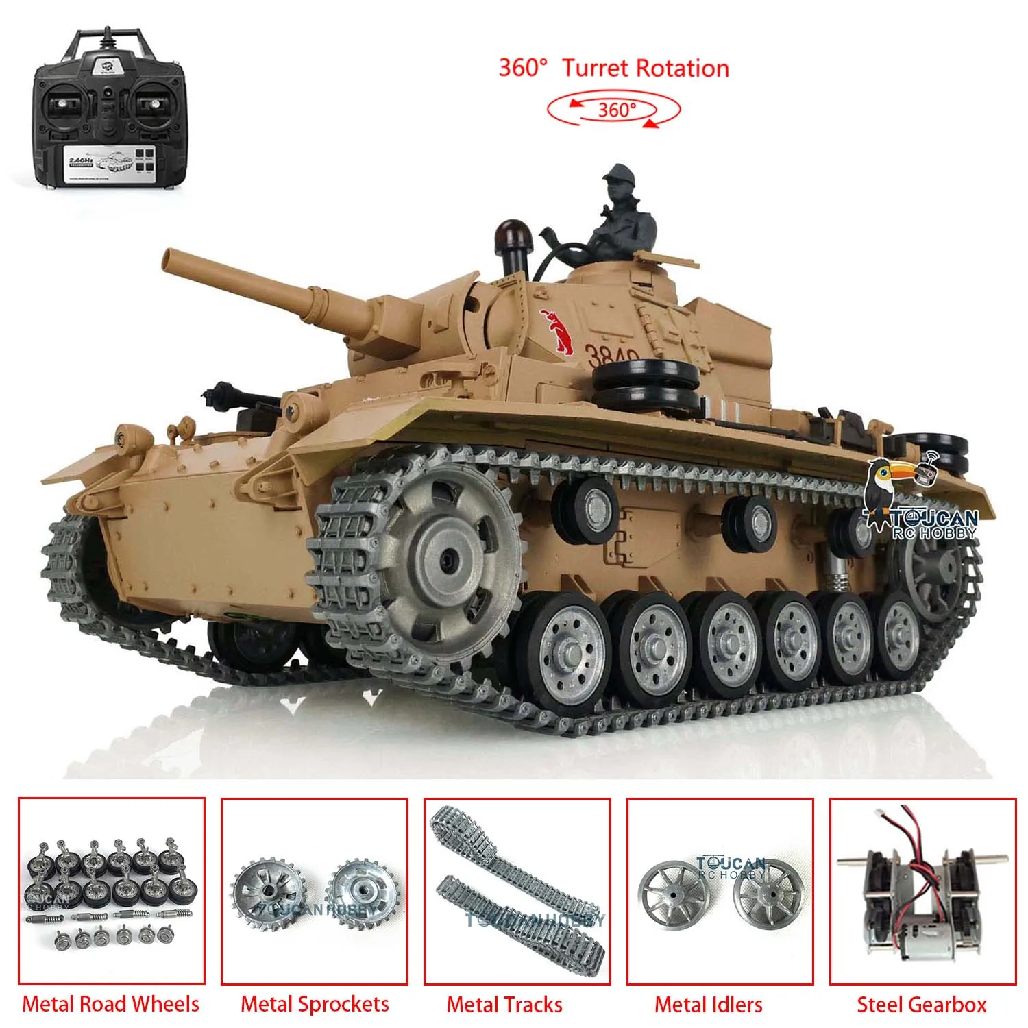 

HENG LONG 1/16 7.0 Pro Ver Panzer III H RTR RC Tank 3849 Metal Tracks Wheels Steel Sprocket BB Shooting Yellow Toucan TH17369