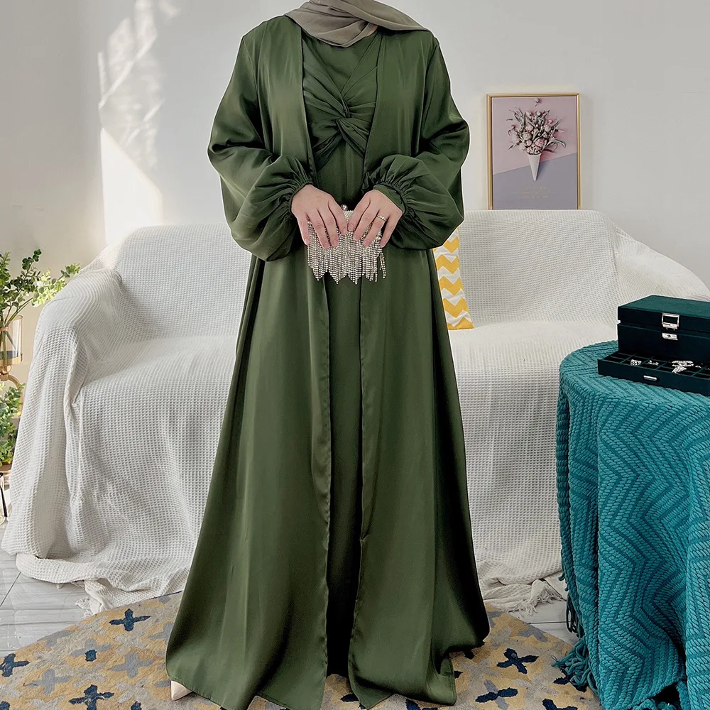 Middle East Muslimische Sets 2022 Turkey Dubai Solid Two Piece Dress Cardigan Modest Muslim Sets Jilbab Femme Musulman 2 Pieces