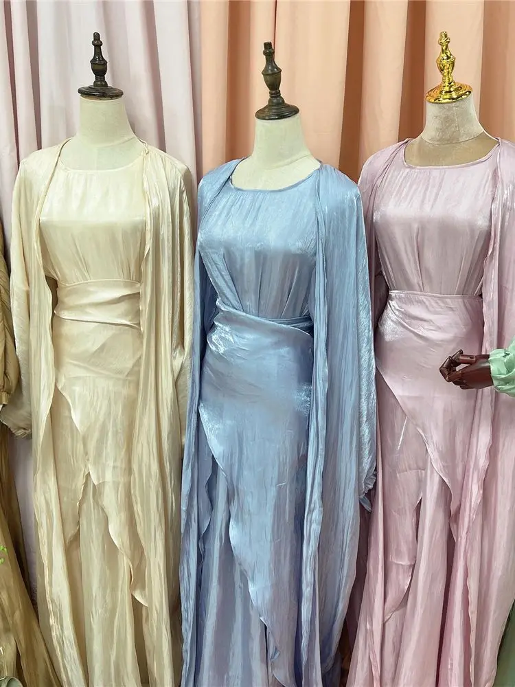 Ramadan Eid Mubarak Satin Abaya Dubai Arabic Turkey Islam Pakistan Muslim Set Dress For Women Robe Ensemble Femme Musulmane