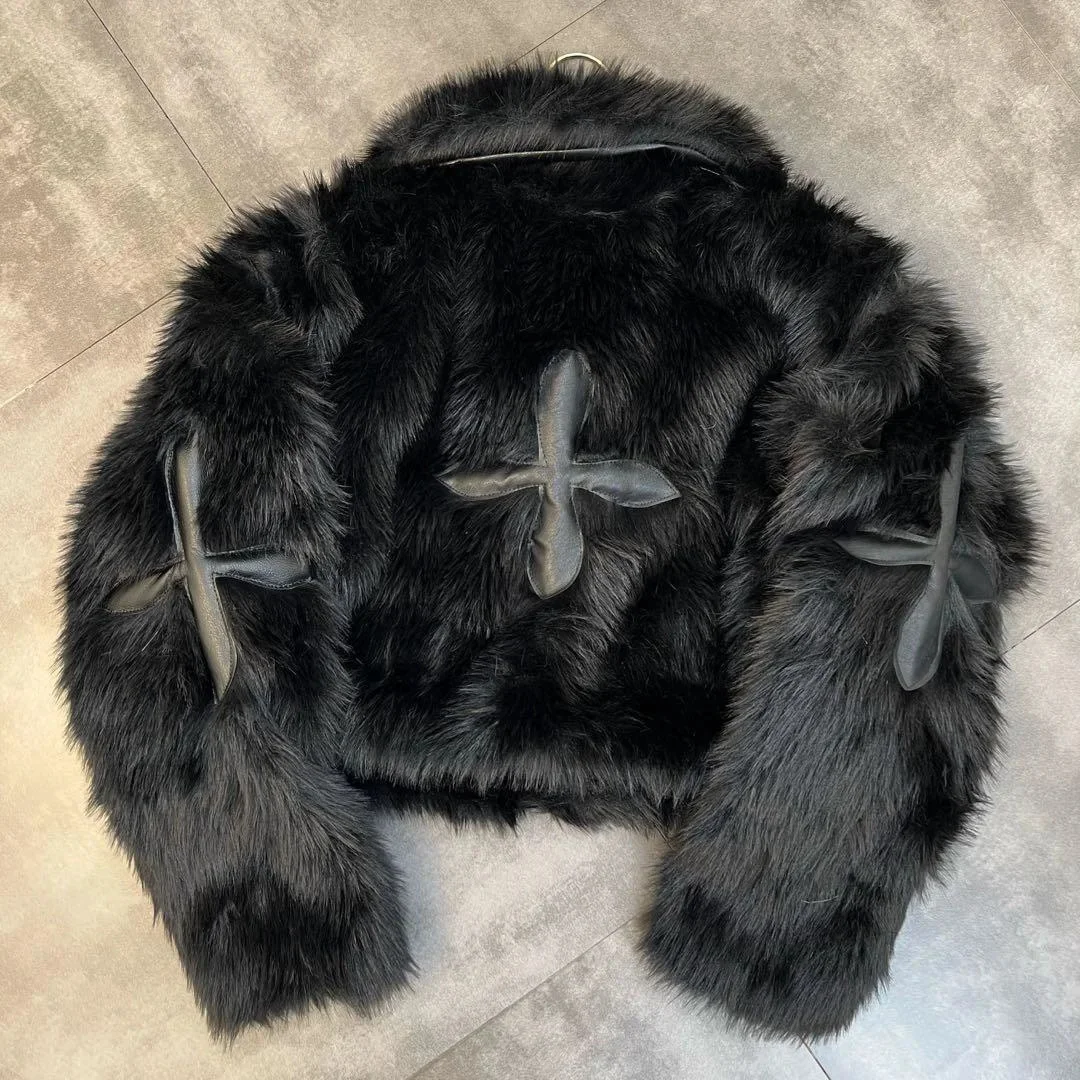 

2023 Winter Women Jacket Lapel Long Sleeve Patch PU Cross Fur Cotton Coat