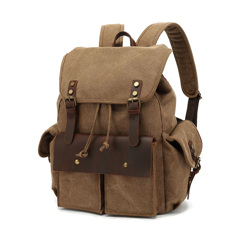 

Vintage Canvas Backpack for Men Leather Rucksack Knapsack Tote Satchel School Military Army Shoulder Rucksack Hiking Bag