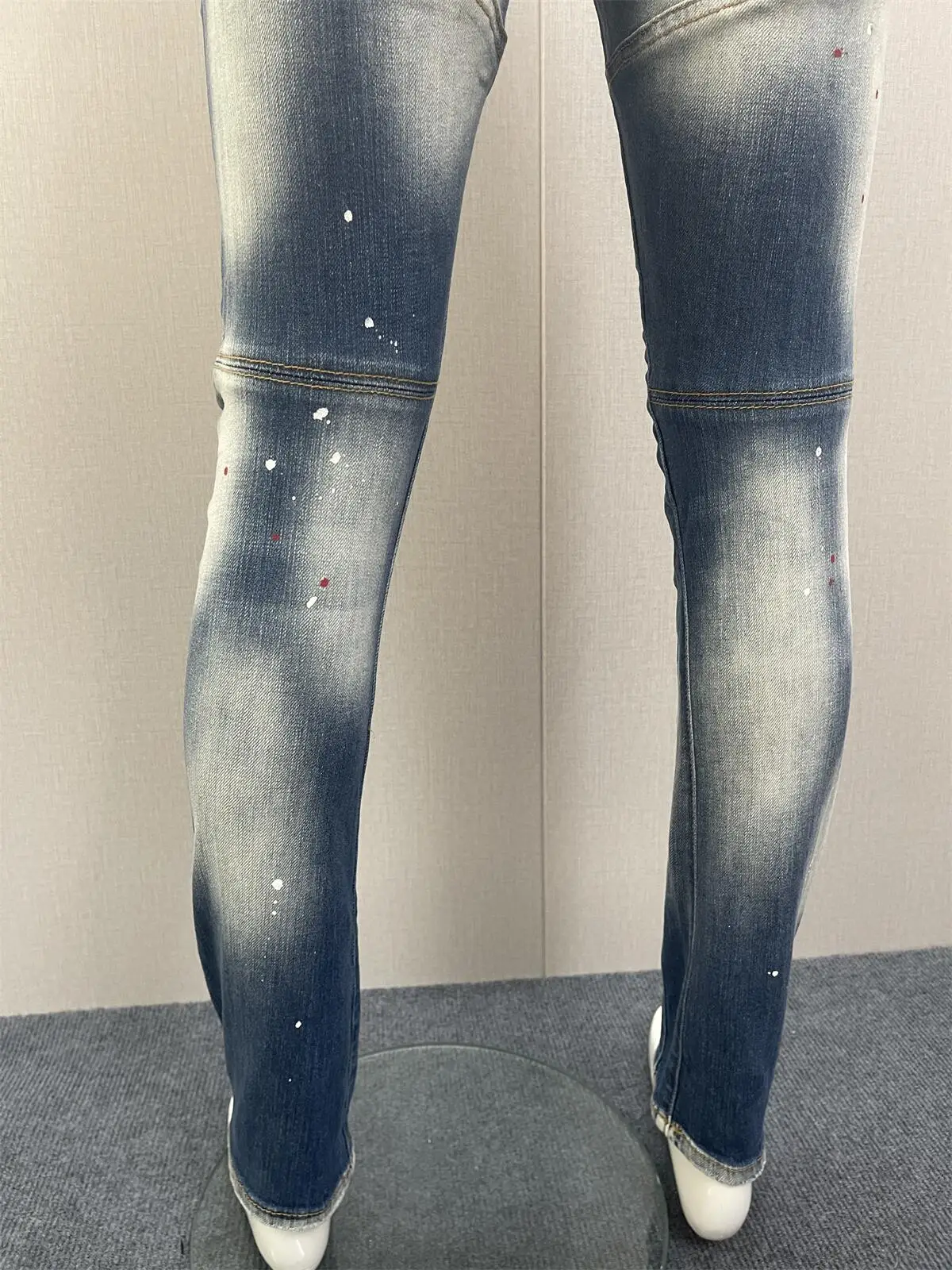 2023 Spring/Summer New Jeans Men's Water Wash Worn Hole Patch Paint Slim Fit Feet Black