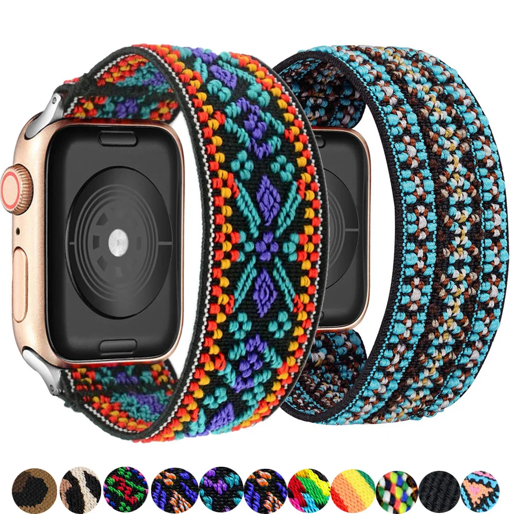 Фото Ремешок для волос для Apple, ремешок для часов 44 мм, 42 мм, 40 мм, 38 мм, богемный эластичный ремень, браслет с сольной петлей iWatch 3 4 5 se 6 7 ремешок 41 45 №1