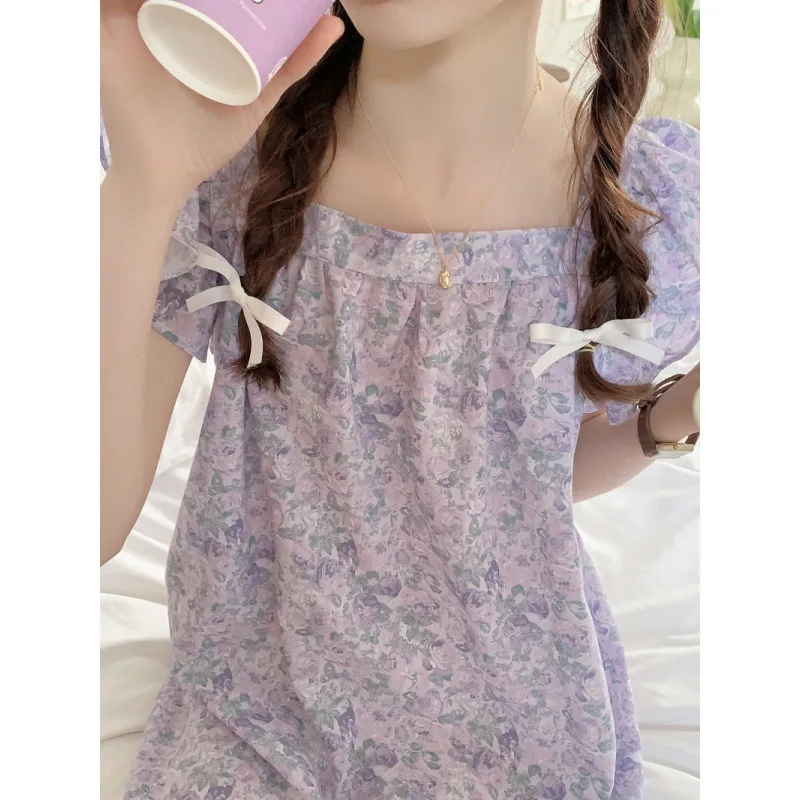 Женская ночная рубашка без рукавов летняя фиолетовая пижама из полиэстера с