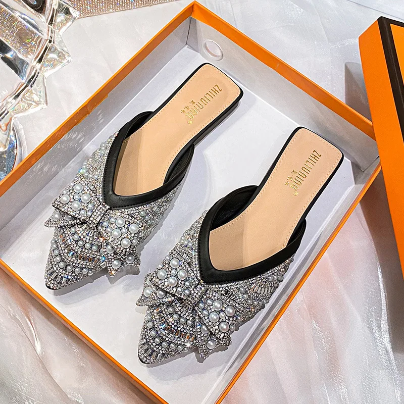 Water Diamond Slippers Summer New Half Slippers Wearing Mules Shoes Outside Flat Sandals Large Women's Shoes Zapatos De Mujer