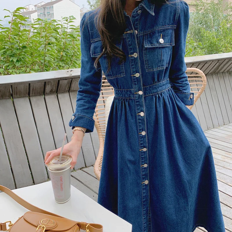 

Women Single-Breasted High Elastic Waist Casual Long Dresses 2021 Spring Autumn Fashion Lapel Vintage Denim Collar Female Dress