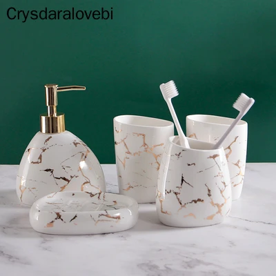 

Bathroom Accessories Set Lmitation Marble Pattern Bathroom Kit Dental Cylinder Wash Kit Melamine tray Cotton Swab Box