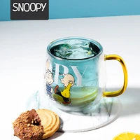 kawaii snoopyed glass double cup household transparent flower tea cup pyrex glass handy cup portable tableware accessories cup