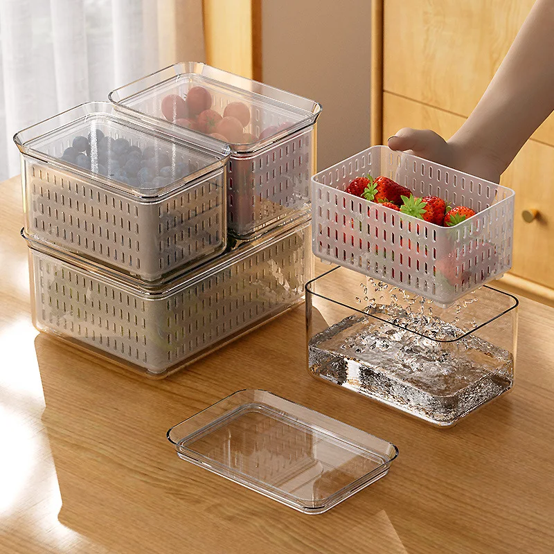 Купи Kitchen Storage Box Refrigerator Fresh Keeping Box Vegetable Fruit Drain Crisper Multifunction Plastic Basket Container With Lid за 779 рублей в магазине AliExpress