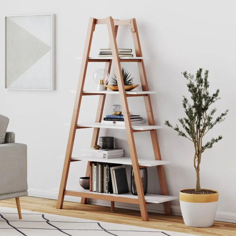 

Nathan James Carlie White and Brown 5 - Shelf Display or Decorative Ladder Bookcase