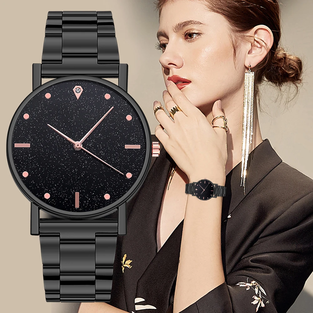 

Black Women Watch 2022 Top Brand Luxury Starry Sky Lady Stainless Steel Band Analog Quartz Wrist Watch For Dropship