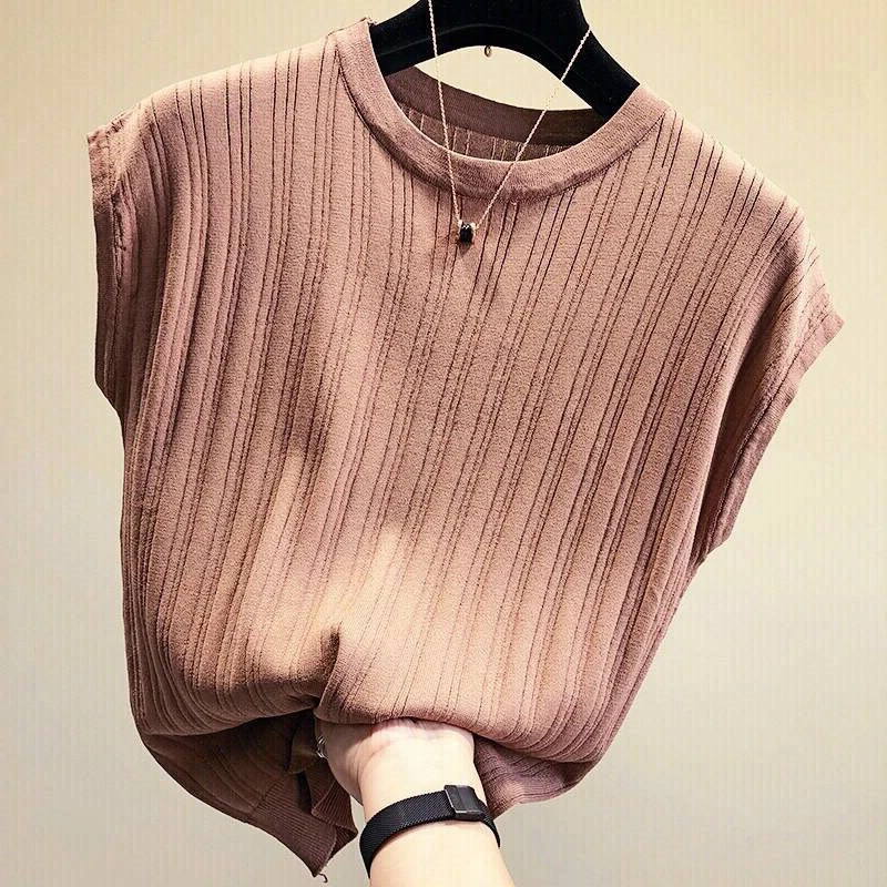 

O Neck Knitted Casual T-shirts Women Elegant Summer Slim Female 2023 Tees Loose Short Sleeve T Shirt Solid Bottom Tshirts 27565