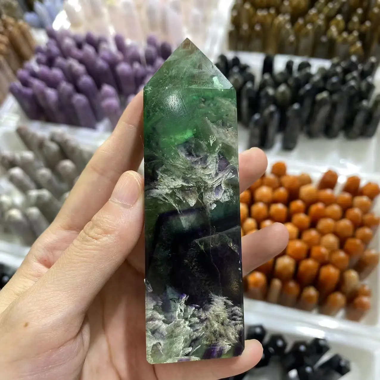 

Natural rare feather fluorite rainbow four-sided obelisk Reiki Healing Room Office decoration gift 250-300G