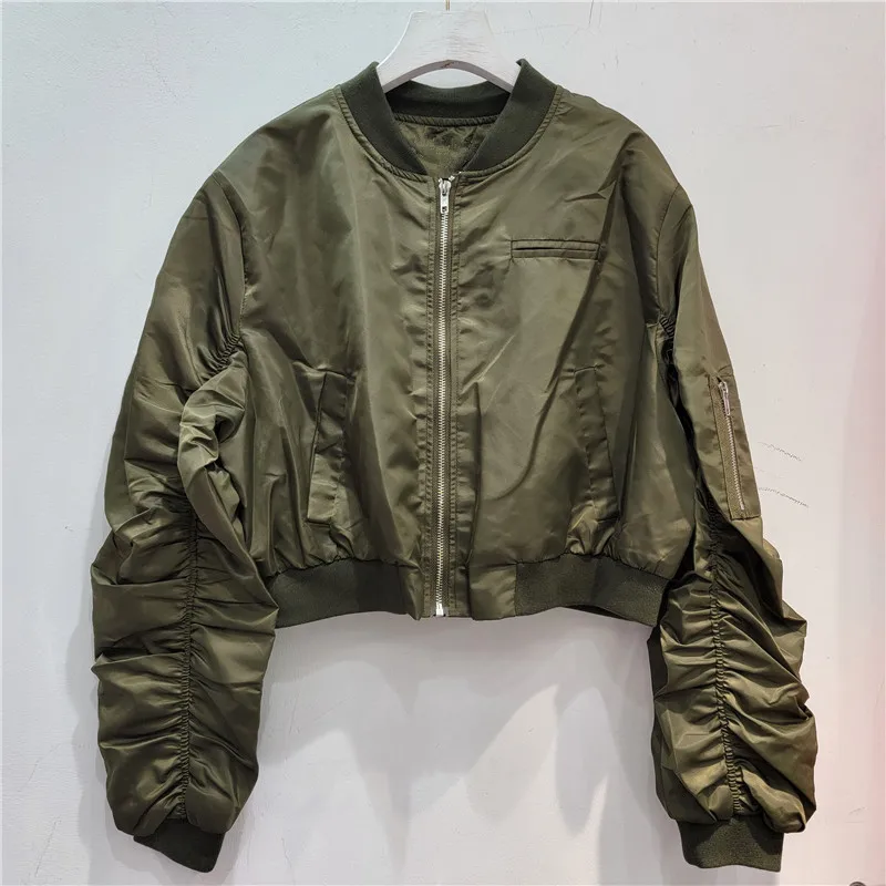 

Spring Autumn Women Casual Army Green Short Baseball Coat Stand Collar Pleated Long Sleeve Loose Female Bomber Jacket Streetwear