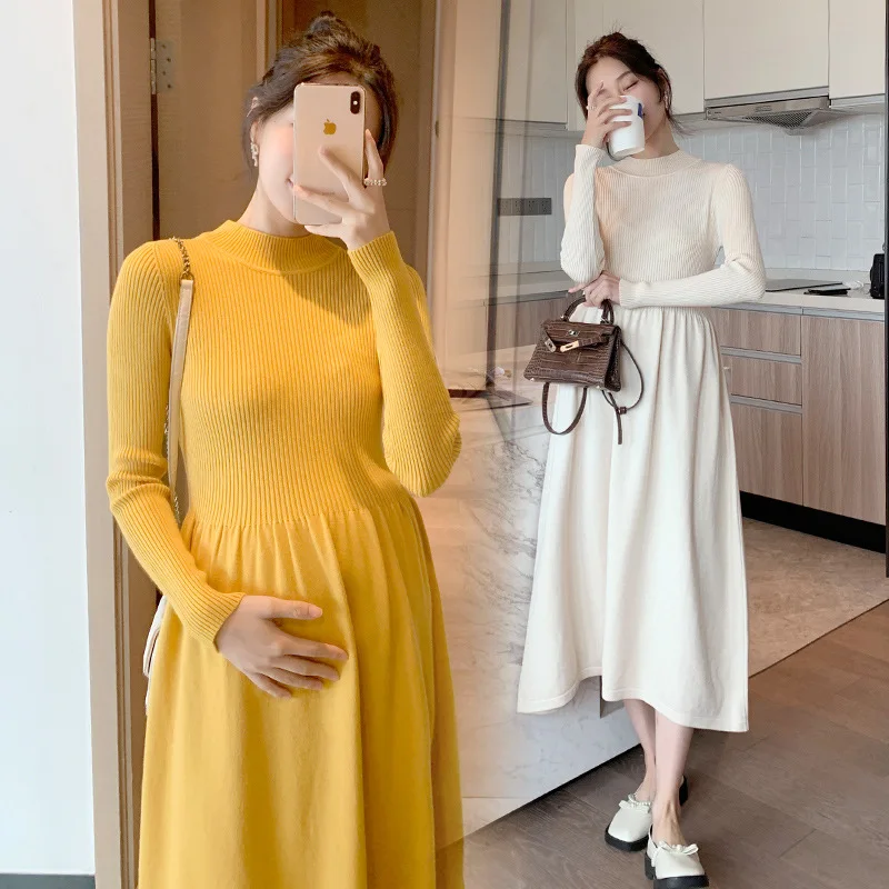 

Maternity Dresses Winter for Pregnant Women Casual Long Sleeve Thick Warm Knitted Long Elasticity Dress Pregnant Clothes Sweater
