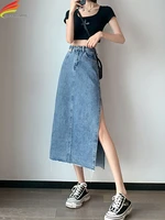 high waist women denim skirt long 2022 new blue color tassel side split casual maxi jean skirts for ladies jupe longue femme