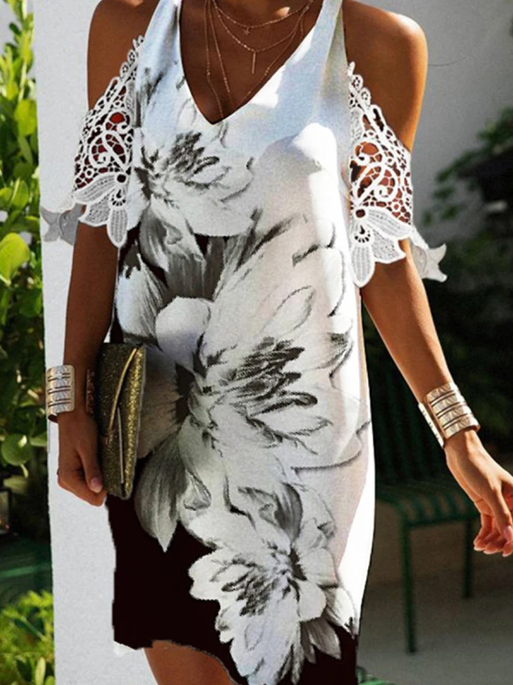 

Элегантные женские платья-пуловеры с цветочным принтом, модное весенне-летнее кружевное лоскутное ажурное мини-платье с V-образным вырезом,...