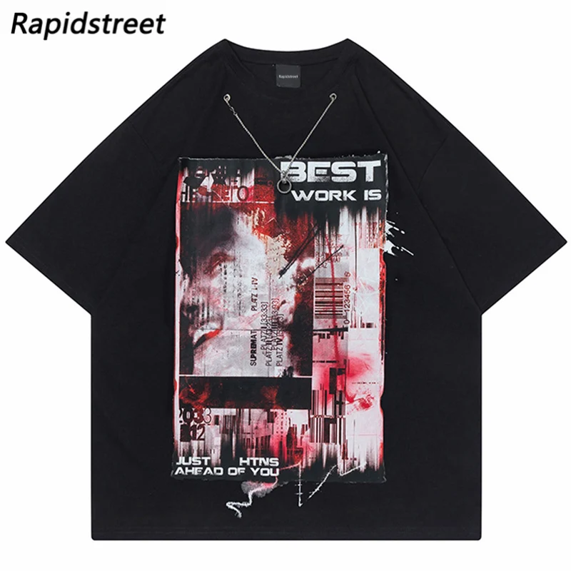 

Hip Hop Oversize T-Shirt Streetwear Graphic Letter Printed Chain T Shirt Harajuku Cotton Loose Tshirt Summer Short Sleeve Tops