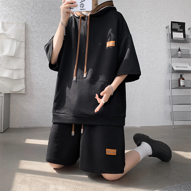 Solid Color Men's Sets 2023 Summer Casual Hooded Short Sleeved T-Shirts And Shorts Two-Piece Sports Tracksuits Top Tees&Joggers