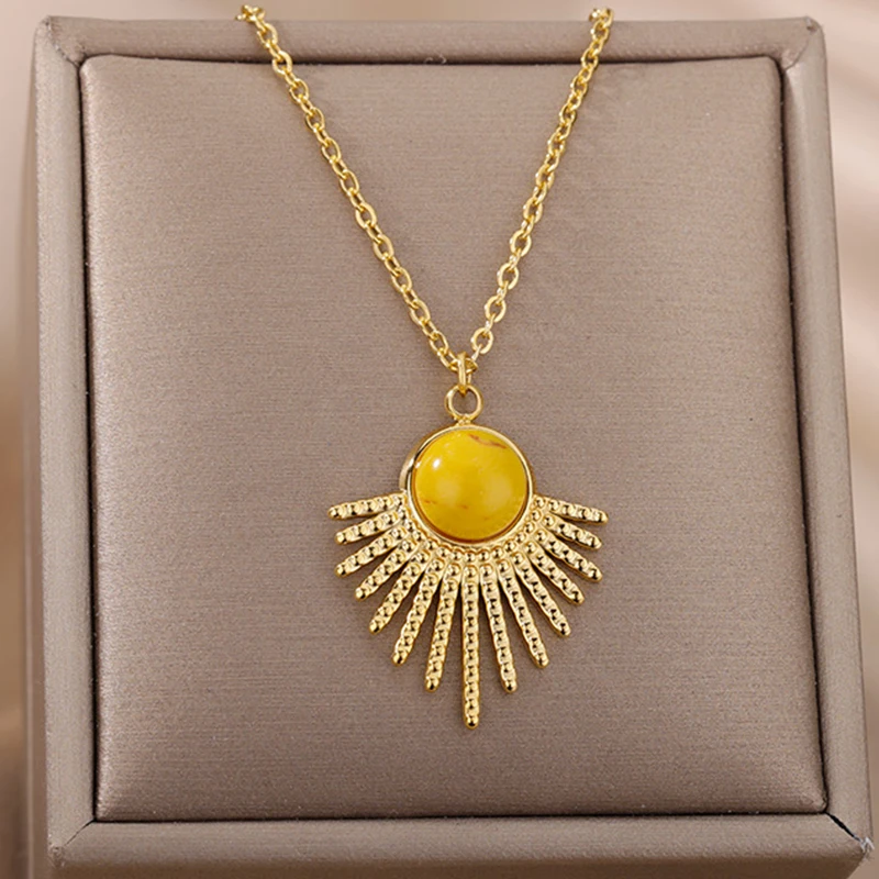 

Opal Sun Pendant Necklaces for Women Stainless Steel Color Choker Chain Necklace Female Aesthetic Boho Jewelry Gift 2022