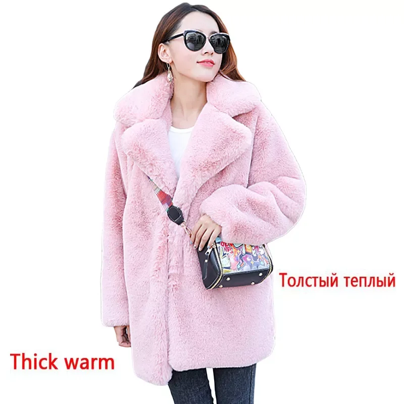Women High Quality Faux Rabbit Fur Coat Luxury Fur Coat Loose Lapel OverCoat Thick Warm Plus Size Female Plush Coats traf
